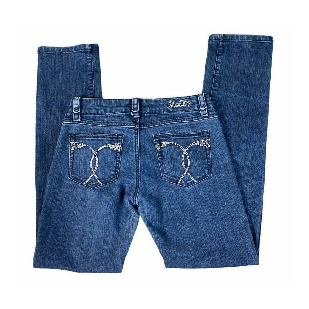 Hello! Youth Jeans Sz 5 Dark Wash Low Rise Rhinestone Embellished Denim Stretch